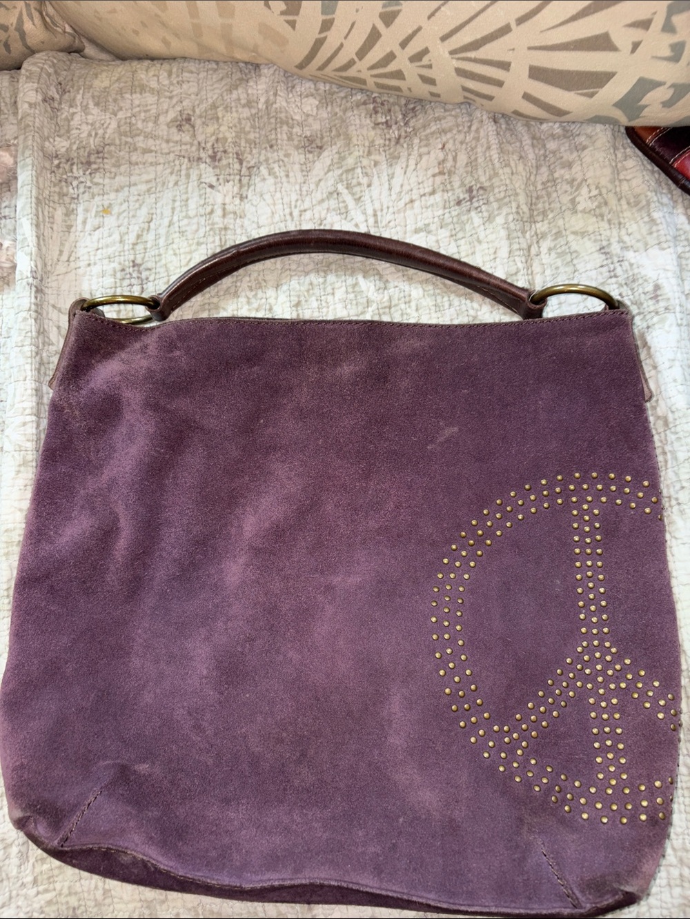 Lucky  Rand Vintage Studded Peace Sign Suede Shoulder Bag in Purple